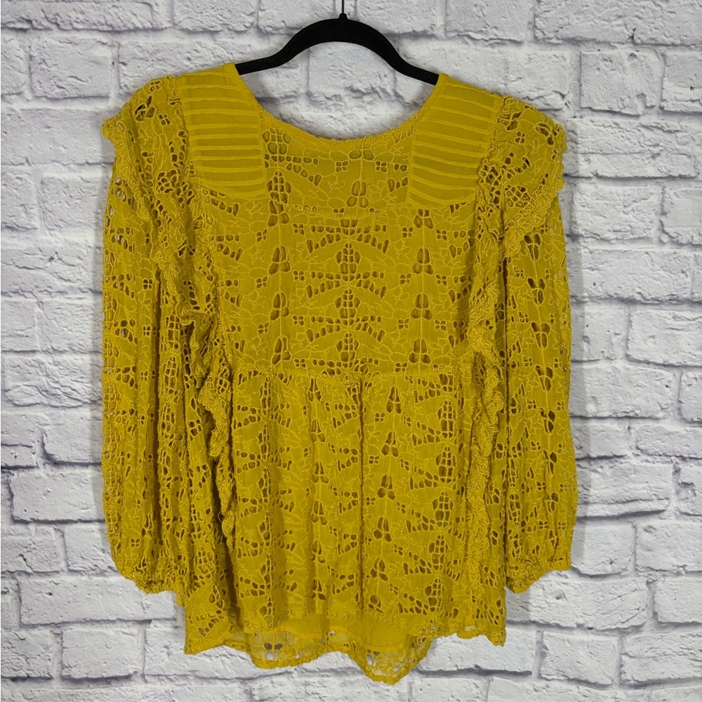 By Anthropologie Mustard Lace Boho Peplum Blouse US Size 12